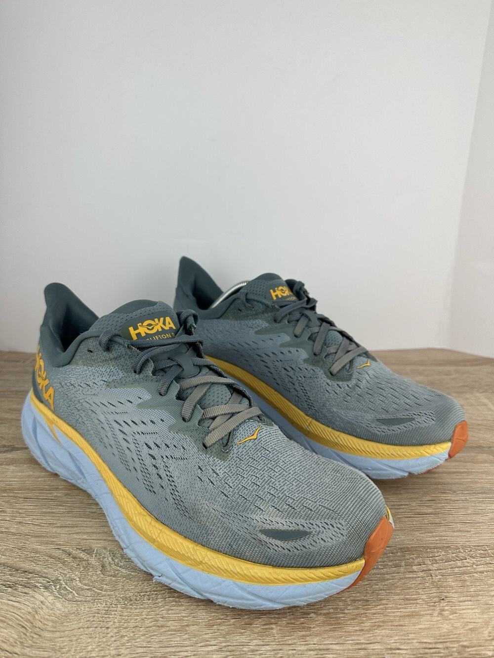 HOKA One One Clifton 8 Men’s Size 11.5 D Gray Blue Yellow Running Shoes